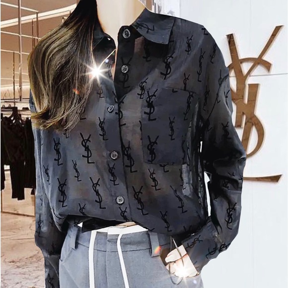 Authentic YSL Saint Laurent Women’s Black sheer button front shirt. FR38 - Picture 11 of 16